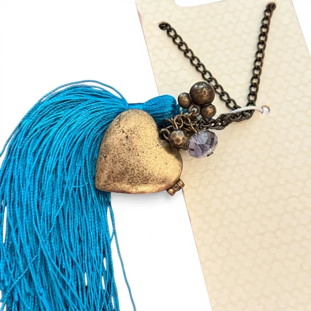 Disney Parks Mickey Mouse Heart Locket Necklace‎ Tassel Teal Charm New